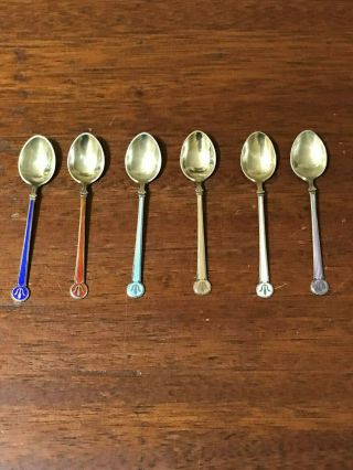 6 Vintage David Andersen Norway Enamel And Sterling Silver Demitasse Spoons