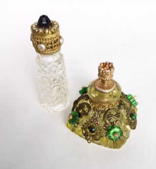 2 Vintage Czech Era Jeweled Gold Filigree Miniature Perfume Bottle Clear Green