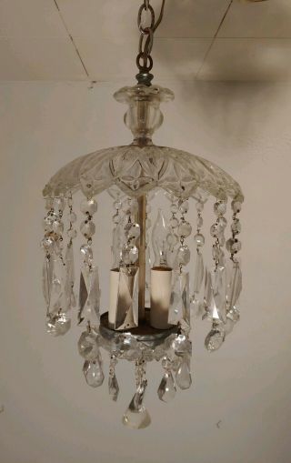 Antique Vintage Small Hallway Crystal Chandelier.  Top & bottom pressed glass. 6