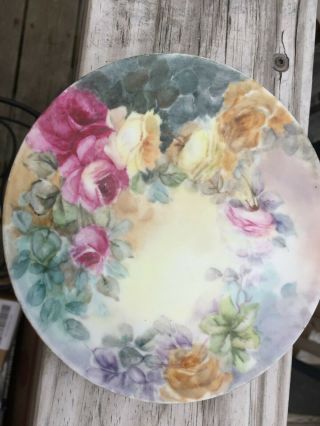 Antique Limoges Plate Hand Painted Pink Yellow Roses Floral Bone China France