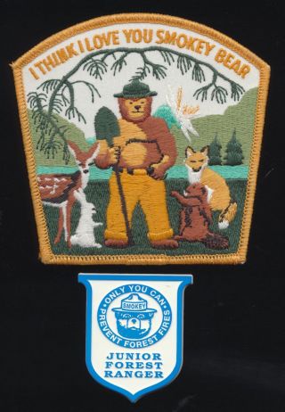 Smokey The Bear " I Think I Love You " Embroidered Patch Junior Forest Ranger Pin
