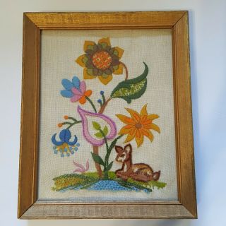 Vintage Hand Embroidered Bambi Deer Floral Textile Tapestry Framed Glass