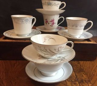 6 Vtg Mismatched China Tea Cups & Saucers Pink Blue Tea Party Set Shabby Chic