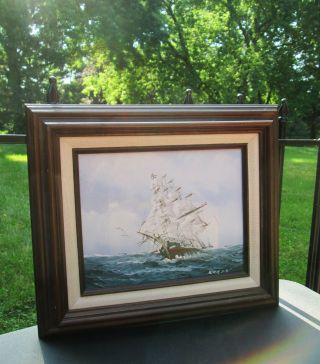 Vintage Nautical Clipper Ship Oil Painting Signed Karon 15 " Dark Wood Frame Euc