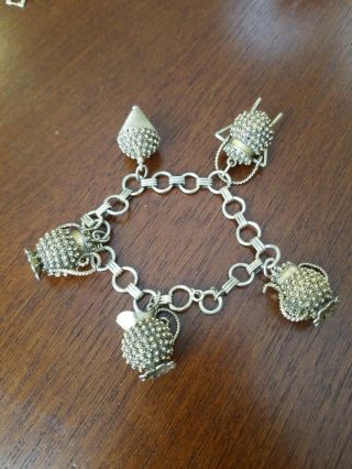 Antique Silver,  Gold Tea Pitcher Charm Bracelet Very Unique,  7.  5 ".