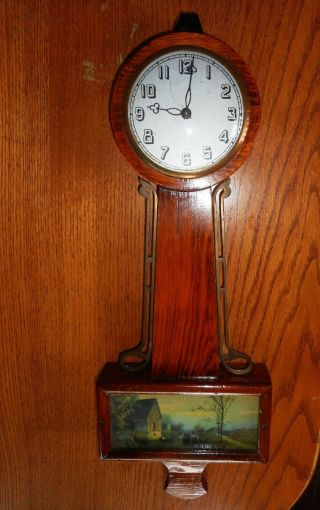 Antique Vintage Banjo Clock With Picture Scenic Horse Carriage Barn Wood & Brass