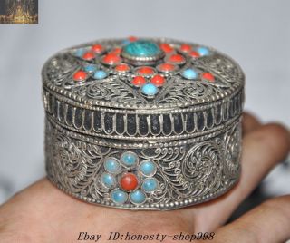 Old Tibet Tibetan Silver Filigree Inlay Gem Turquoise Jewelry Box Storage Boxes