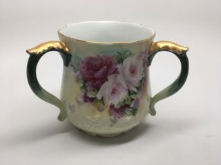 Antique A K D France Hand Painted Three Handle Loving Cup - Floral Gold Gilt