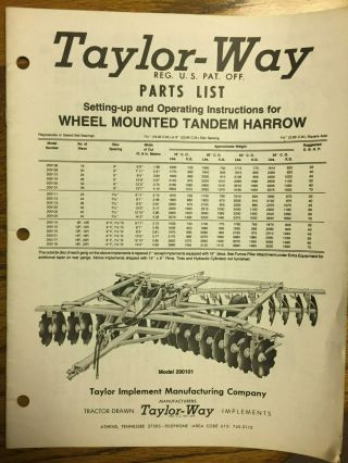 Vintage Taylor Way Parts List Wheel Mounted Tandem Harrow