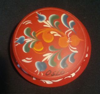 Hand Painted Oslo Norway Red Wooden Jewelry Box 3.  75 " Vintage Rosemaling