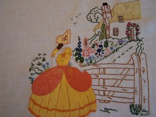 Vintage Hand Embroidered Crinoline Lady Garden & Cottage Picture - Panel