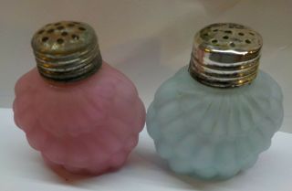 Antique Victorian Pink & Blue Satin Glass Shell Shaped Salt & Pepper Shakers