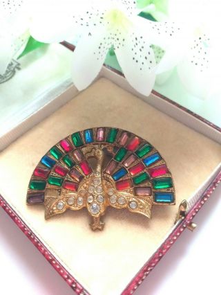 Vintage Jewellery - Antique Peacock Brooch With Coloured Baguette Cut Stones.  C1930