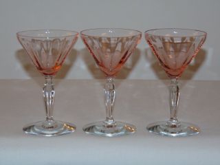 3 Vintage Antique Art Deco Pink Depression Glass Wine Goblets Scalloped Stems