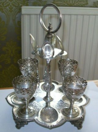 Victorian Silver Plated Egg Cruet Egg Cups Stand Pierced Plated Egg Cups Ornate