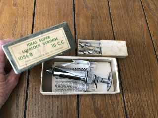 Vintage Ideal Instru Veterinary 10cc Stainless Steel Syringe & Needles In Case