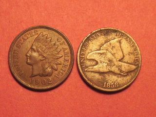 1858 Flying Eagle Cent Large Letters & Unc 1902 Indian Head Cent Antique Pennies