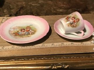 Antique Vintage Child ' s Porcelain Tea Cup Saucer Dessert Plate Pink & White 3 2