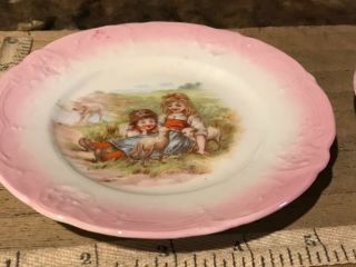 Antique Vintage Child ' s Porcelain Tea Cup Saucer Dessert Plate Pink & White 3 3