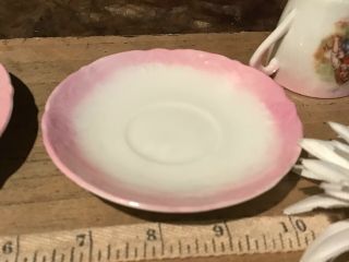 Antique Vintage Child ' s Porcelain Tea Cup Saucer Dessert Plate Pink & White 3 4