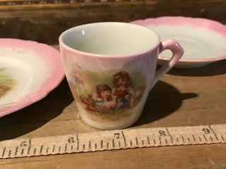 Antique Vintage Child ' s Porcelain Tea Cup Saucer Dessert Plate Pink & White 3 5