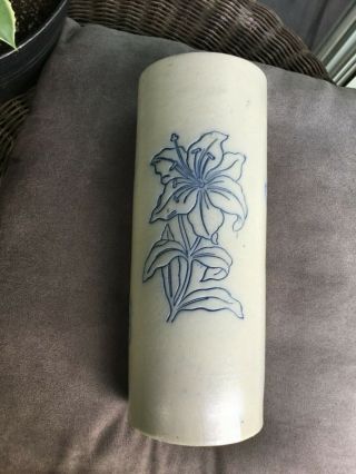 Antique Stoneware Blue And Gray Salt Glazed 10&1/2 Inch Cylinder Vase