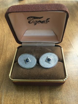 Vintage National Silver Co Mens Cuff Links With Sapphires In A Tepes Box
