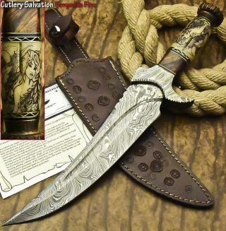 1 - Of - A - Kind Rare Custom Hand Forged Damascus Hunting Knife | Scrimshaw Work