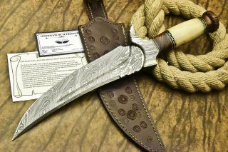 1 - OF - A - KIND RARE CUSTOM HAND FORGED DAMASCUS HUNTING KNIFE | SCRIMSHAW WORK 5