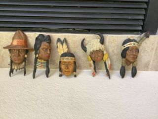 Vintage Wood Handcarved Indian Head Wall Hangings Set Of 5