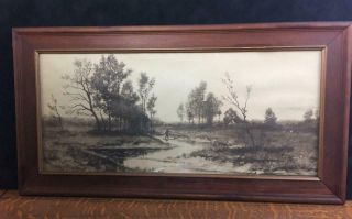 Antique Vintage Fly Fishing Lithograph Print 25 1/2 X 13 1/2 Framed Under Glass