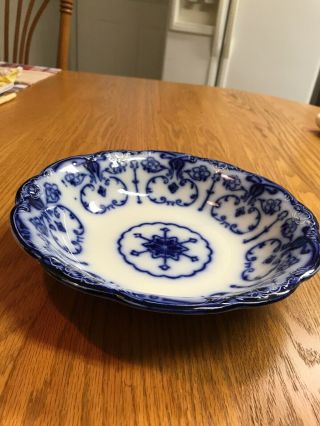 Antique Conway Wharf Pottery Flow Blue Round Bowl Semi Porcelain 9”.