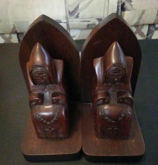Antique Early 20thc Carved Wood Priest Monks Praying Bookends