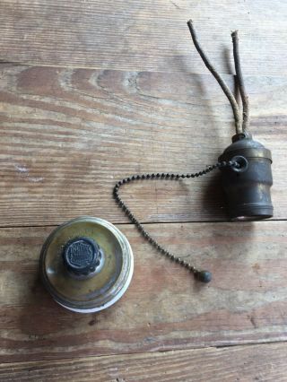 Antique Vintage Twist Turn Brass Porcelain Light Electric Switch And Fixture.