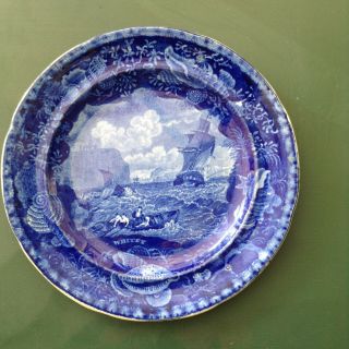 Antique Flow Blue Plate - E.  Wood & Sons,  " Whitey " Nautical Scene 9 1/8 " C.  1819 -