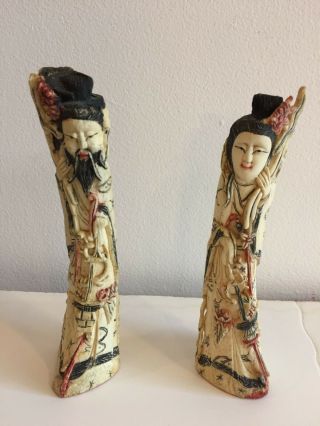 Antique Chinese Hand Carved And Painted Bone Figures 8 Inches