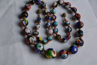 Antique Vintage Murano Millefiori Venetian Glass Graduated Bead Knotted Necklace