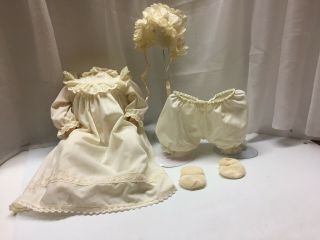 Vintage Antique Style Ecru Cotton Horseman Baby Doll Dress Bloomers & Bonnet
