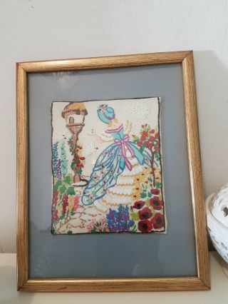 Vintage Hand Embroidered Picture Of Cottage Garden Scene.  Mounted And Framed.