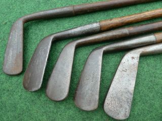 5 Early Vintage Hickory Smooth Faced Clubs Old Golf Antique Memorabilia