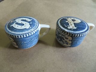 Currier And Ives Antique Salt And Pepper Shakers Blue And Whitye