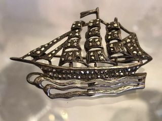 Antique 1930s Silver 925 Marcasite Galleon Boat Ship Fine Jewellery Brooch Deco