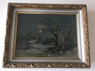 Antique Victorian Gilt Framed Night Landscape Oil Painting