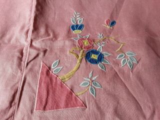Vintage Hand Embroidered Linen Bedspread Throw Floral Art Deco Embroidery A/f