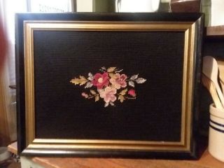 Antique Wood Framed Black Floral Flowers Needlepoint Tapestry Stitchery 18x14