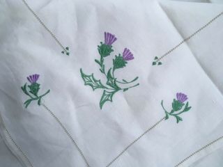Vintage Cream Linen Embroidered Tablecloth Thistles Scotland