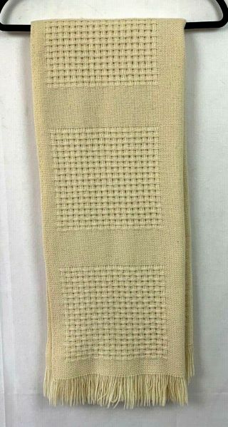 Vintage Faribo 100 Wool Afghan Throw Blanket Cream Fringe 60 " X 50 " Made In Usa