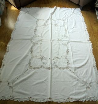 Vintage Tablecloth With Bobbin Lace Border & Inserts & White Work Embroidery