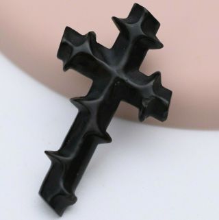 Antique Victorian Mourning Carved Jet Thorny Cross Brooch Pin