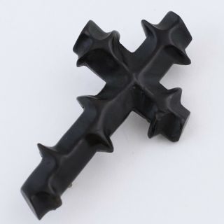 Antique Victorian Mourning Carved Jet Thorny Cross Brooch Pin 3
